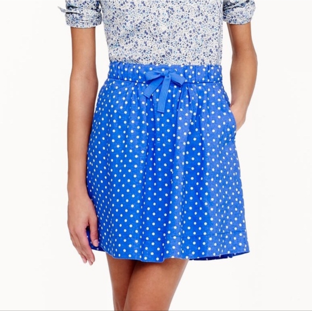J. CREW Boardwalk Linen Skirt Size 00 XS Waist 27/ 28 Polka Dot Blue Lined